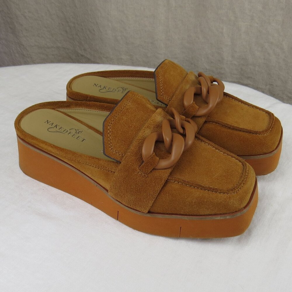 Naked Feet 'Elect' Platform Loafer Mule Suede Leather Chain Detail SIZE 6 Camel